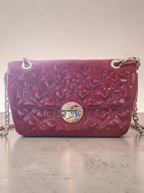 Glossy Patten Leather Quilted Shoulder Bag in Deep Red with Chain Strap